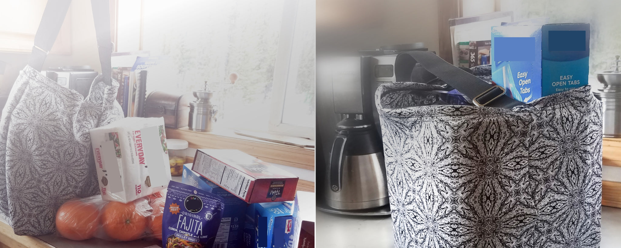 Reusable fabric grocery bags with bright alaska wildflower prints