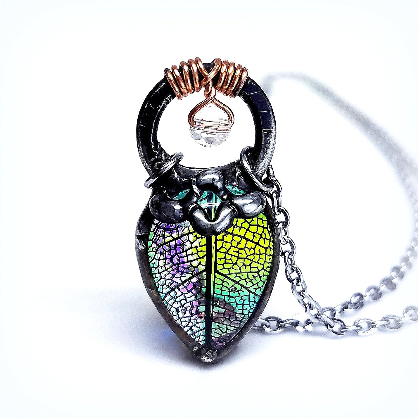 Crystal Studded Filigree Leaf Necklace