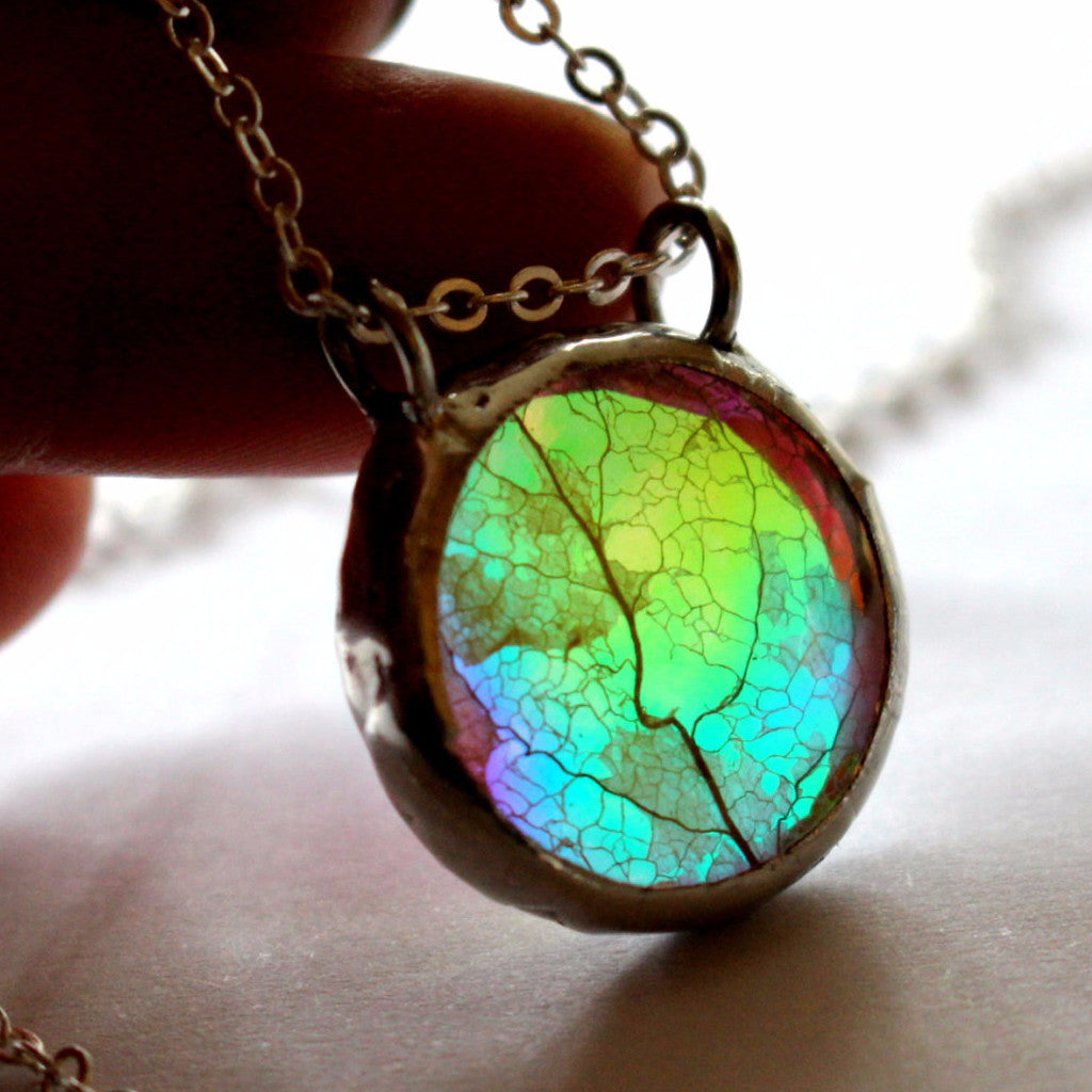 Botanical Greenery Pressed Skeleton Leaf Glass Necklace