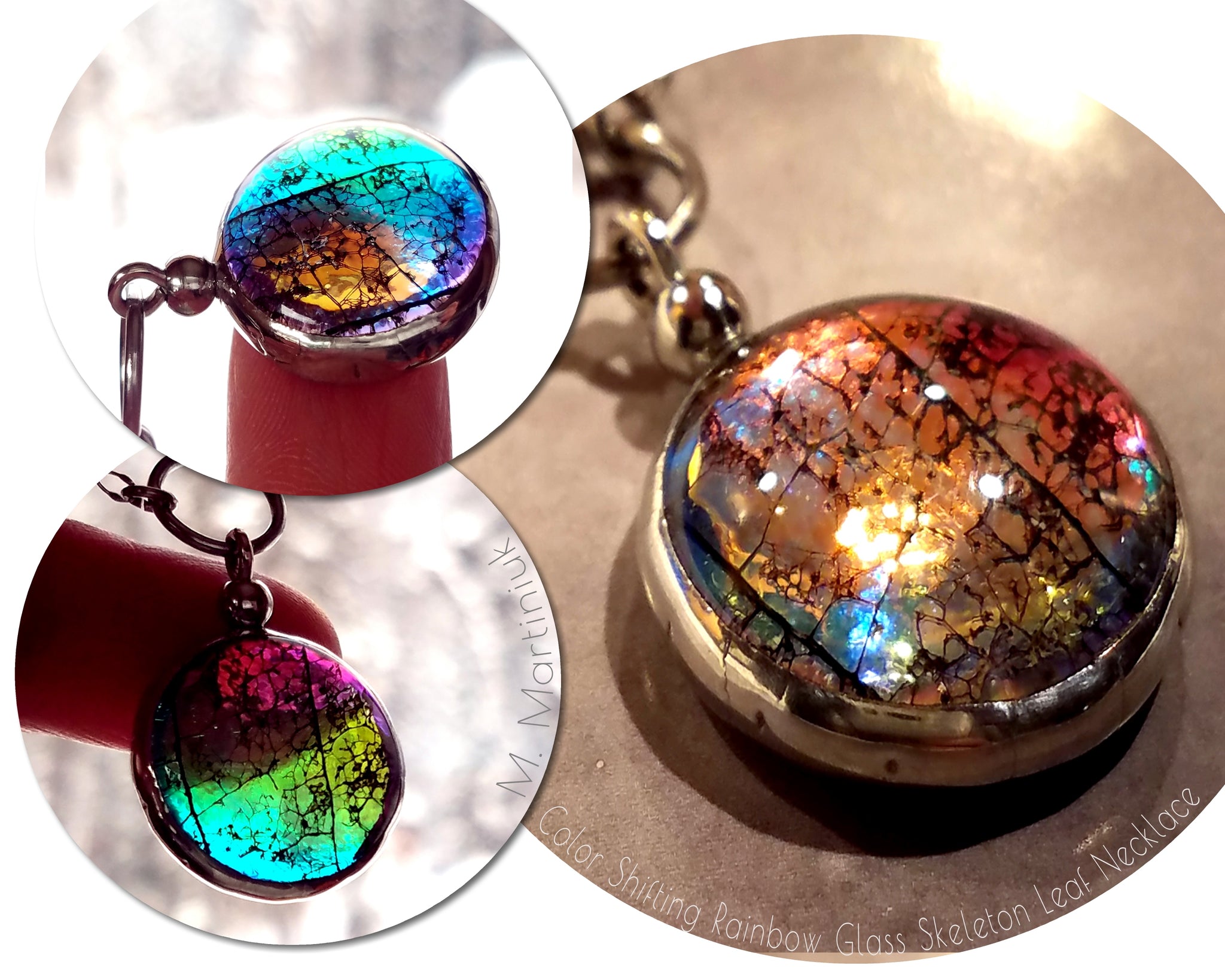 Rainbow Color Shifting Choker Necklace Pink to Green Glass Leaf Jewel