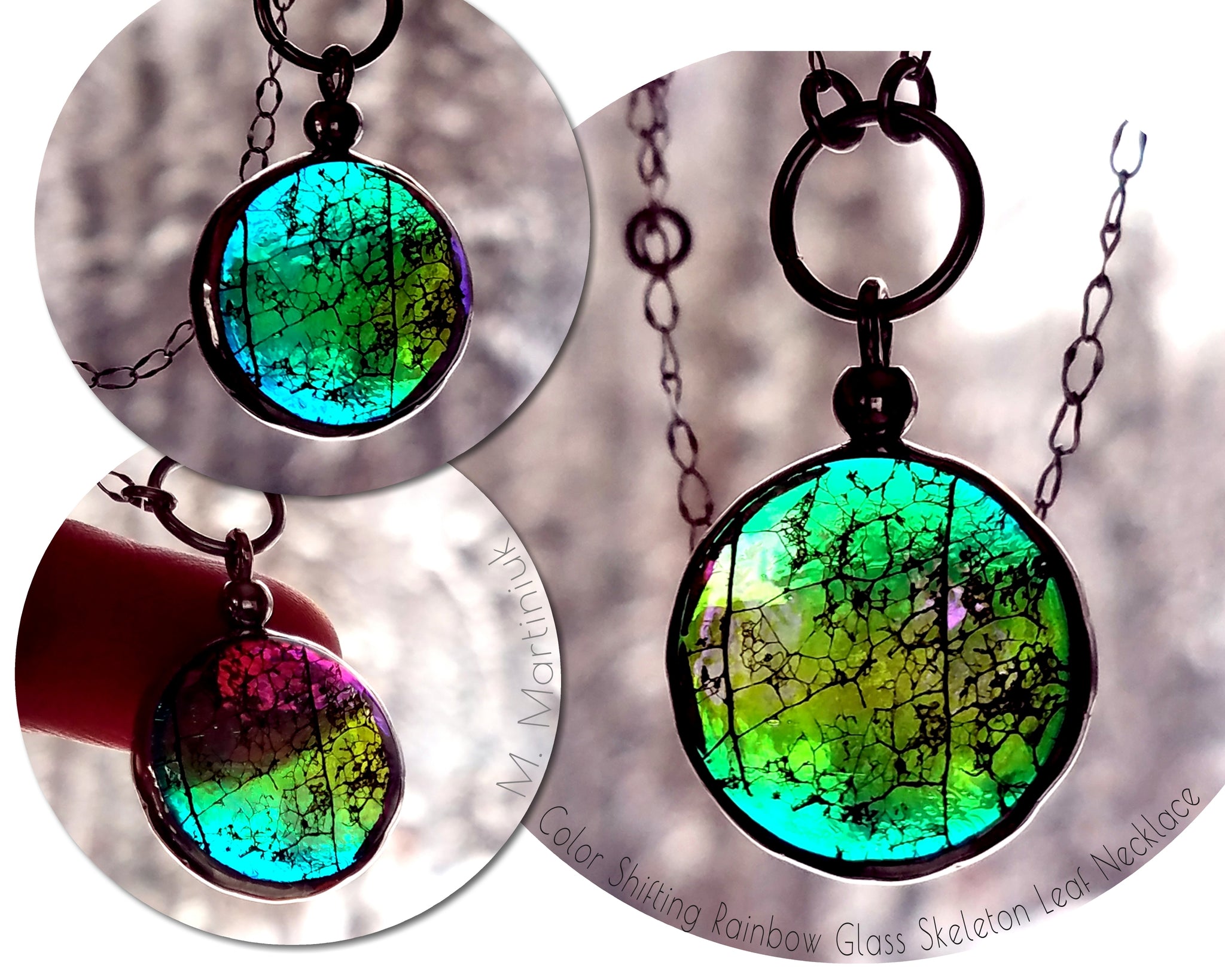 Rainbow Color Shifting Choker Necklace Pink to Green Glass Leaf Jewel