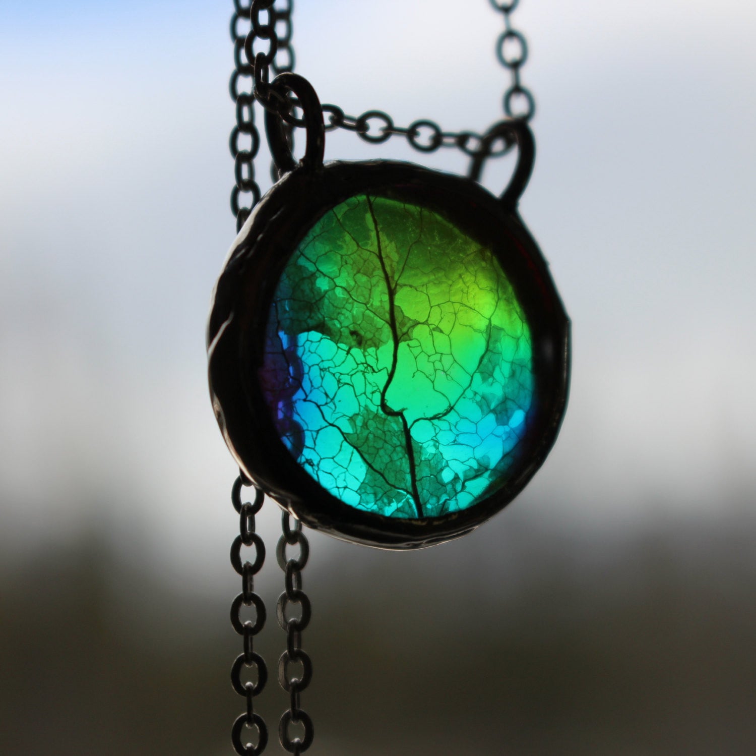 Botanical Greenery Pressed Skeleton Leaf Glass Necklace