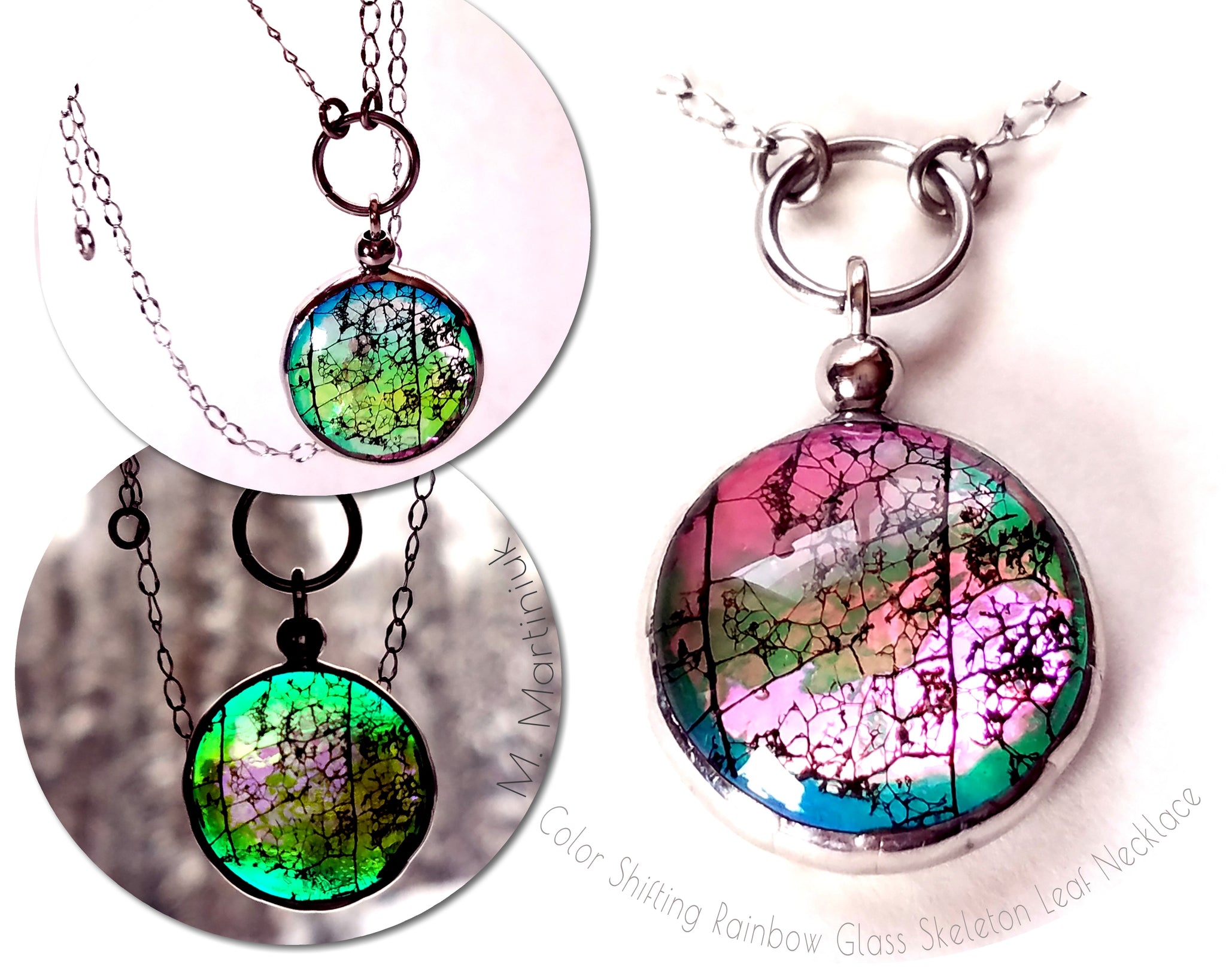 Rainbow Color Shifting Choker Necklace Pink to Green Glass Leaf Jewel