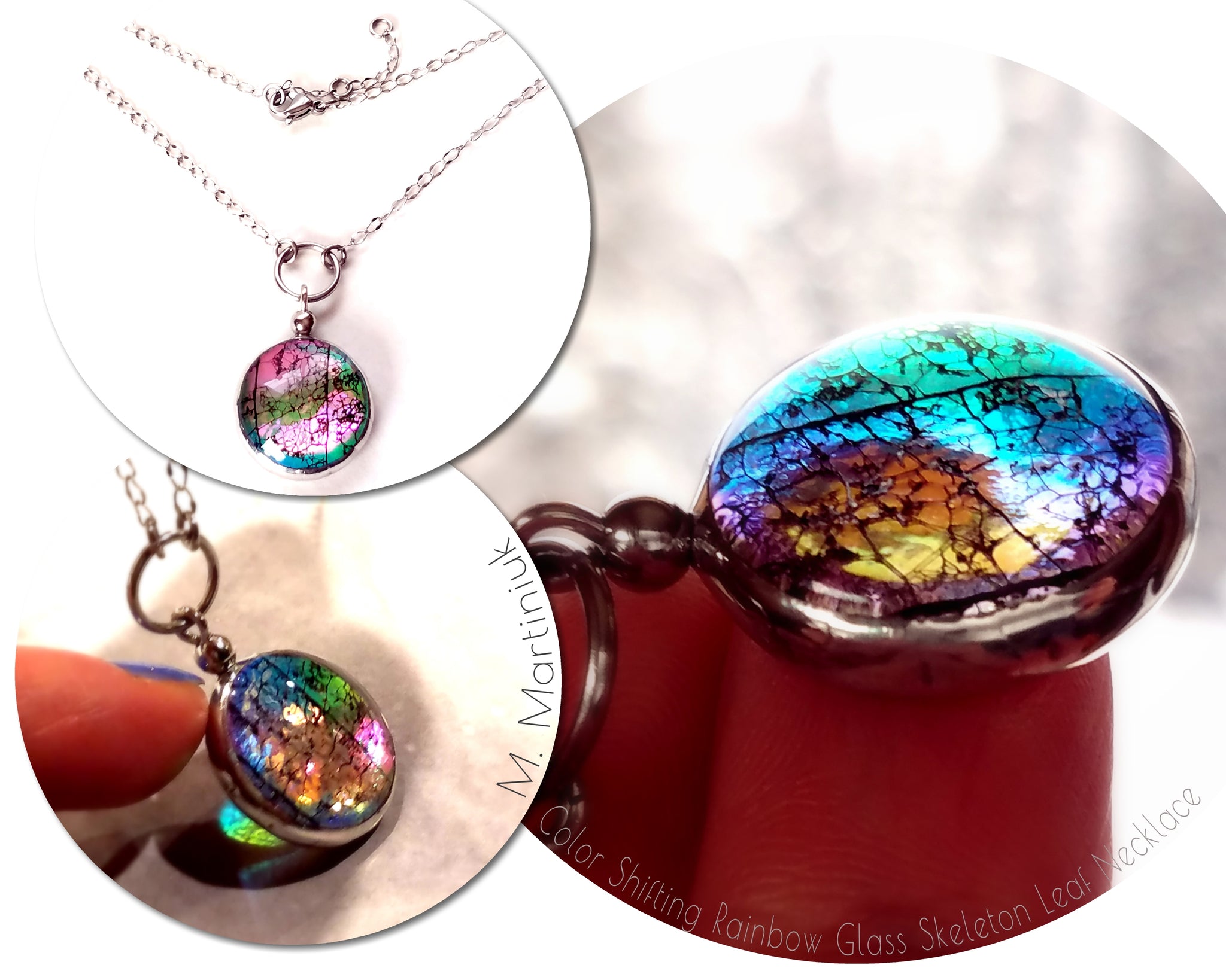 Rainbow Color Shifting Choker Necklace Pink to Green Glass Leaf Jewel