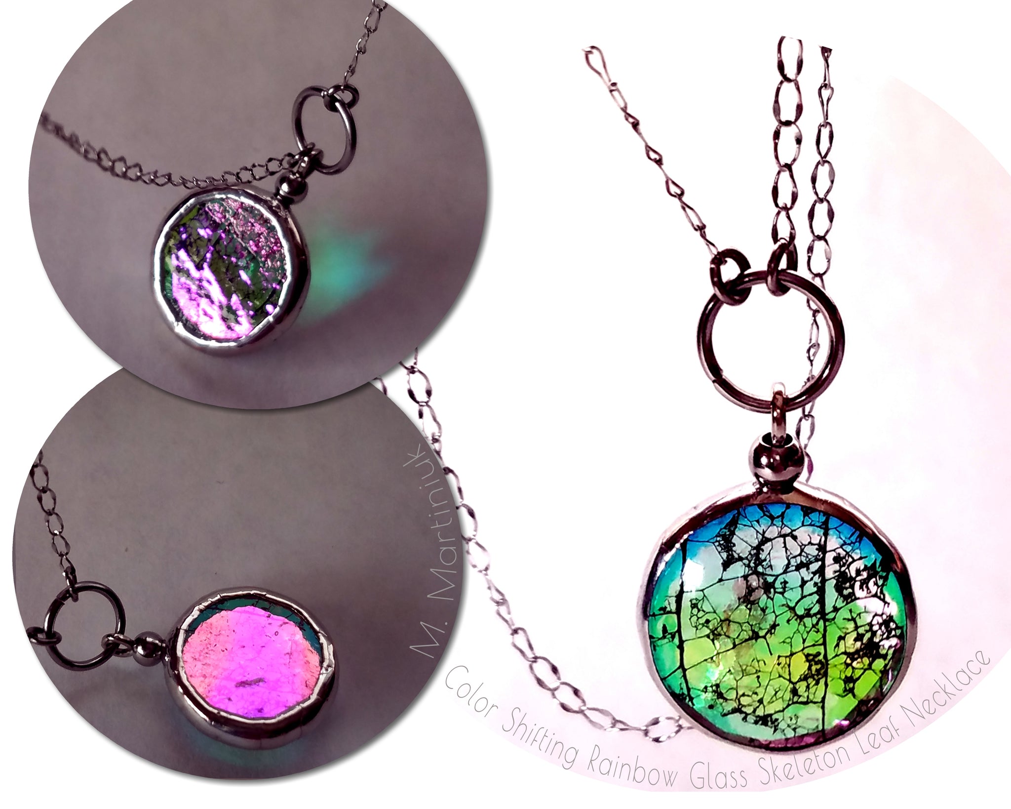 Rainbow Color Shifting Choker Necklace Pink to Green Glass Leaf Jewel