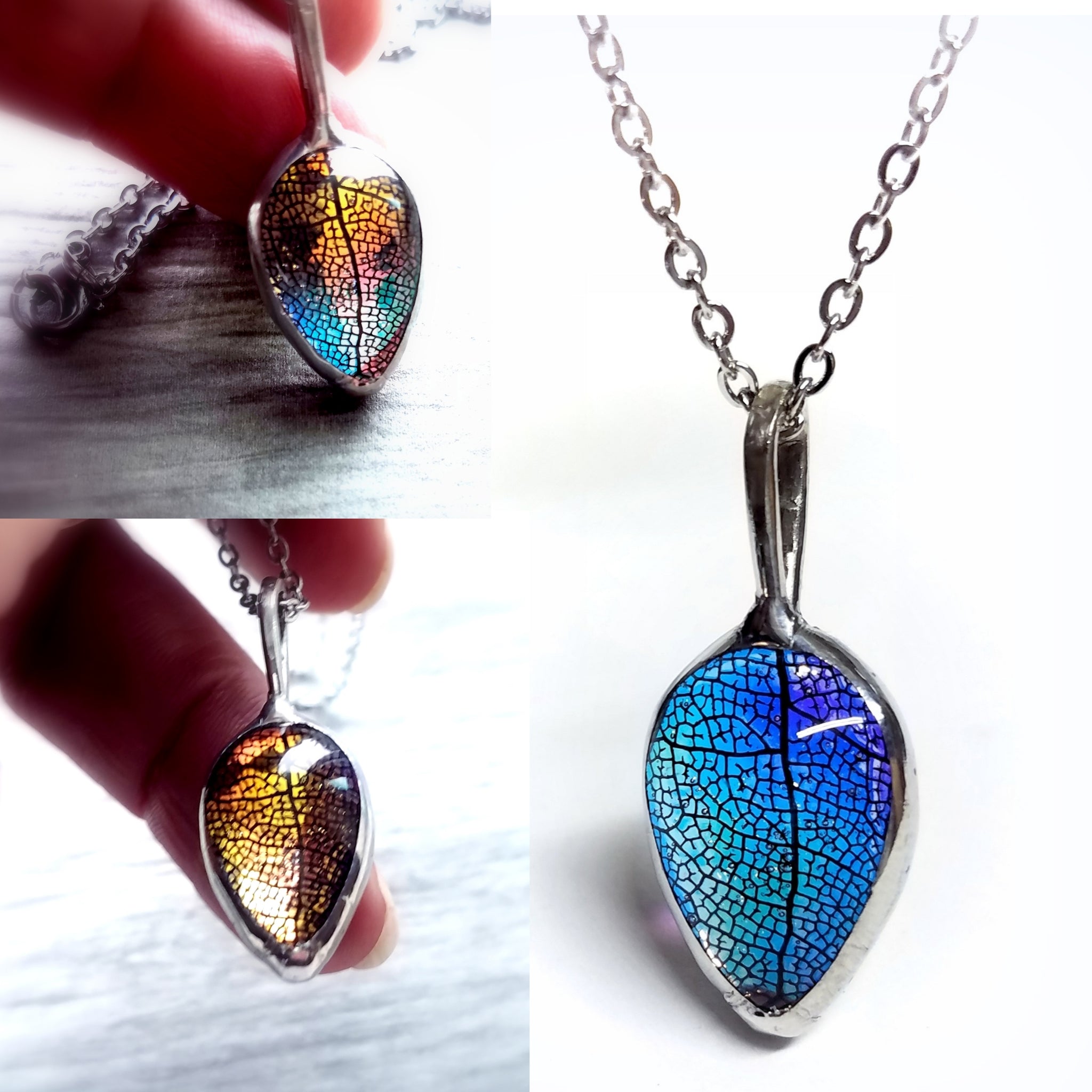 Simple Real Leaf Necklace in Rainbow Glass