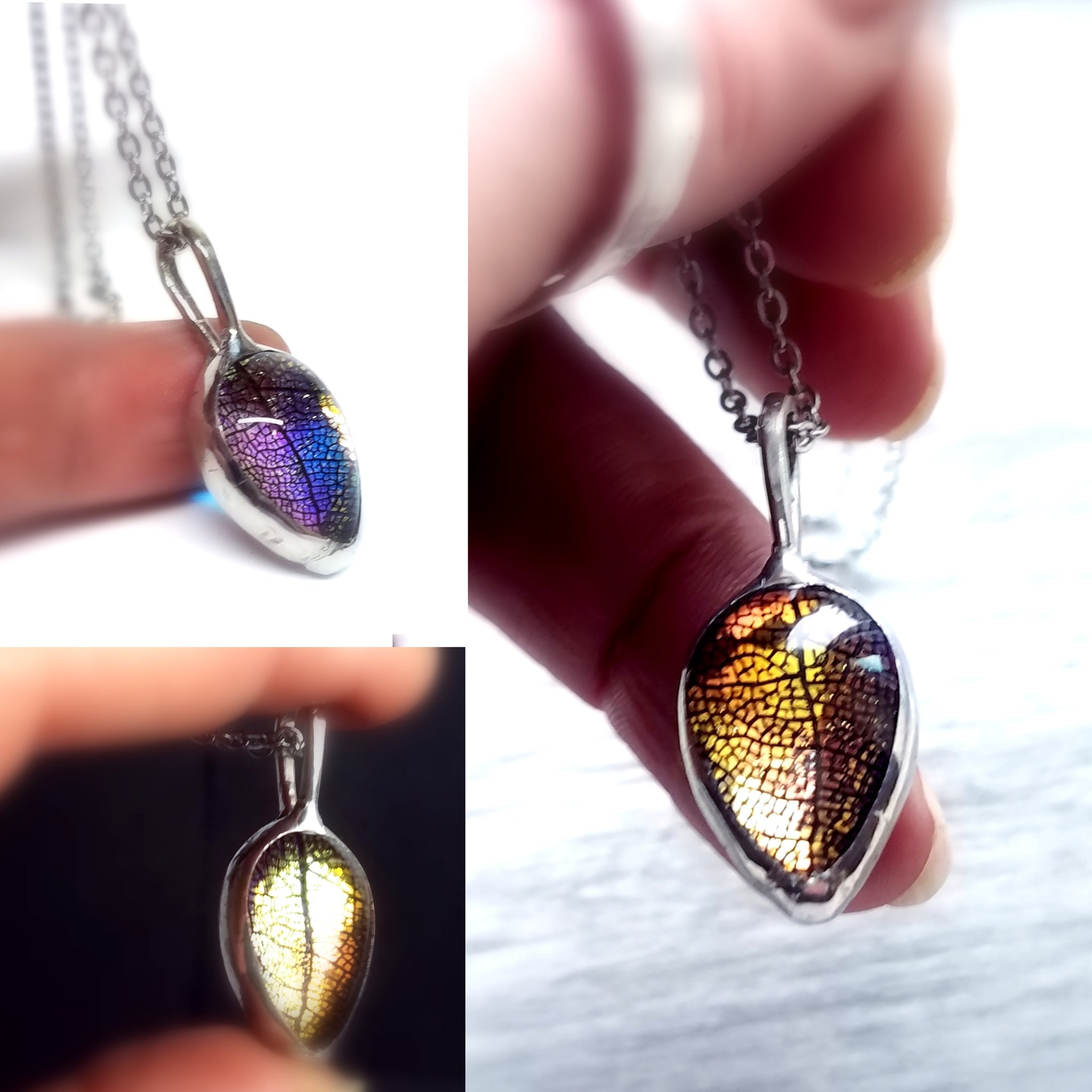 Simple Real Leaf Necklace in Rainbow Glass