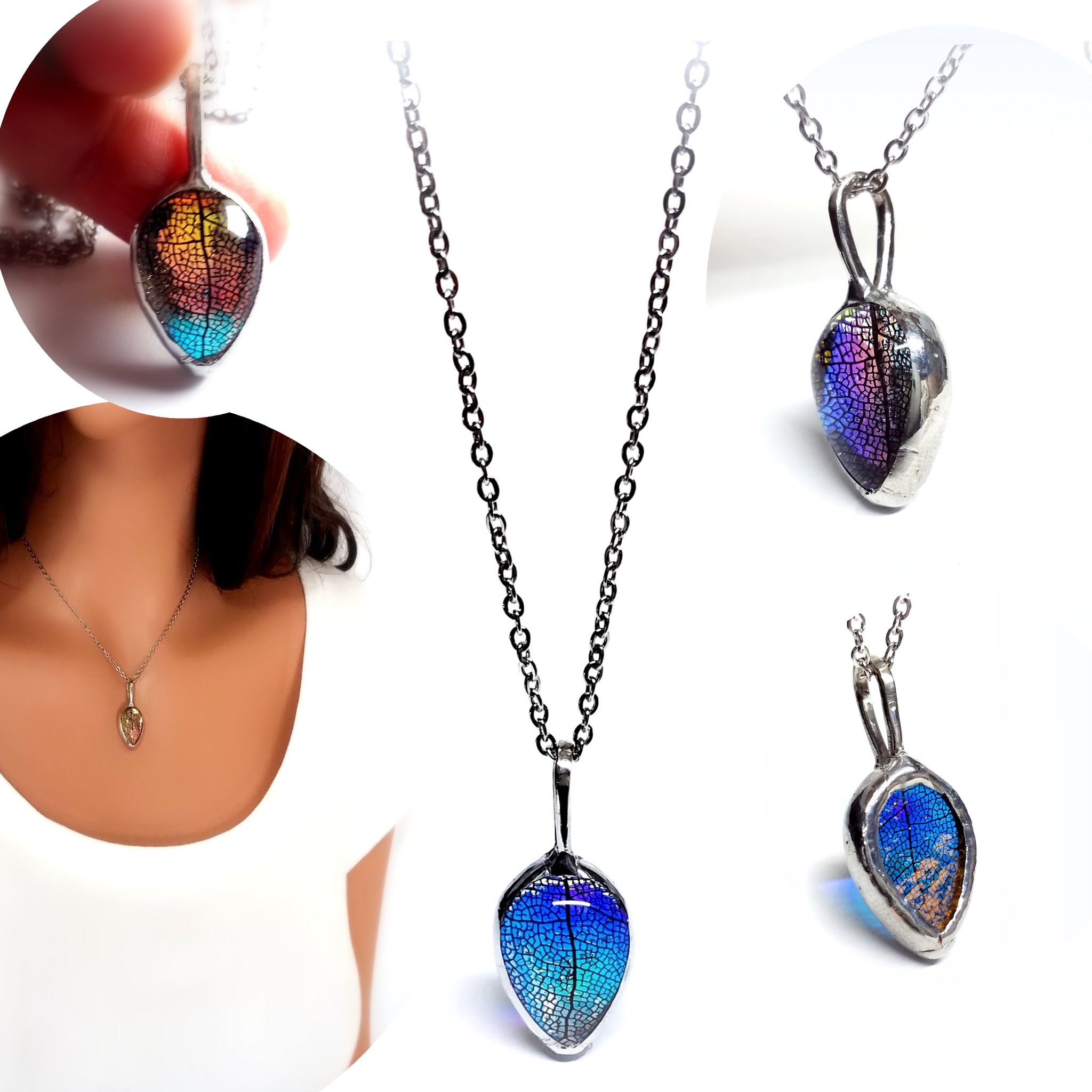 Simple Real Leaf Necklace in Rainbow Glass