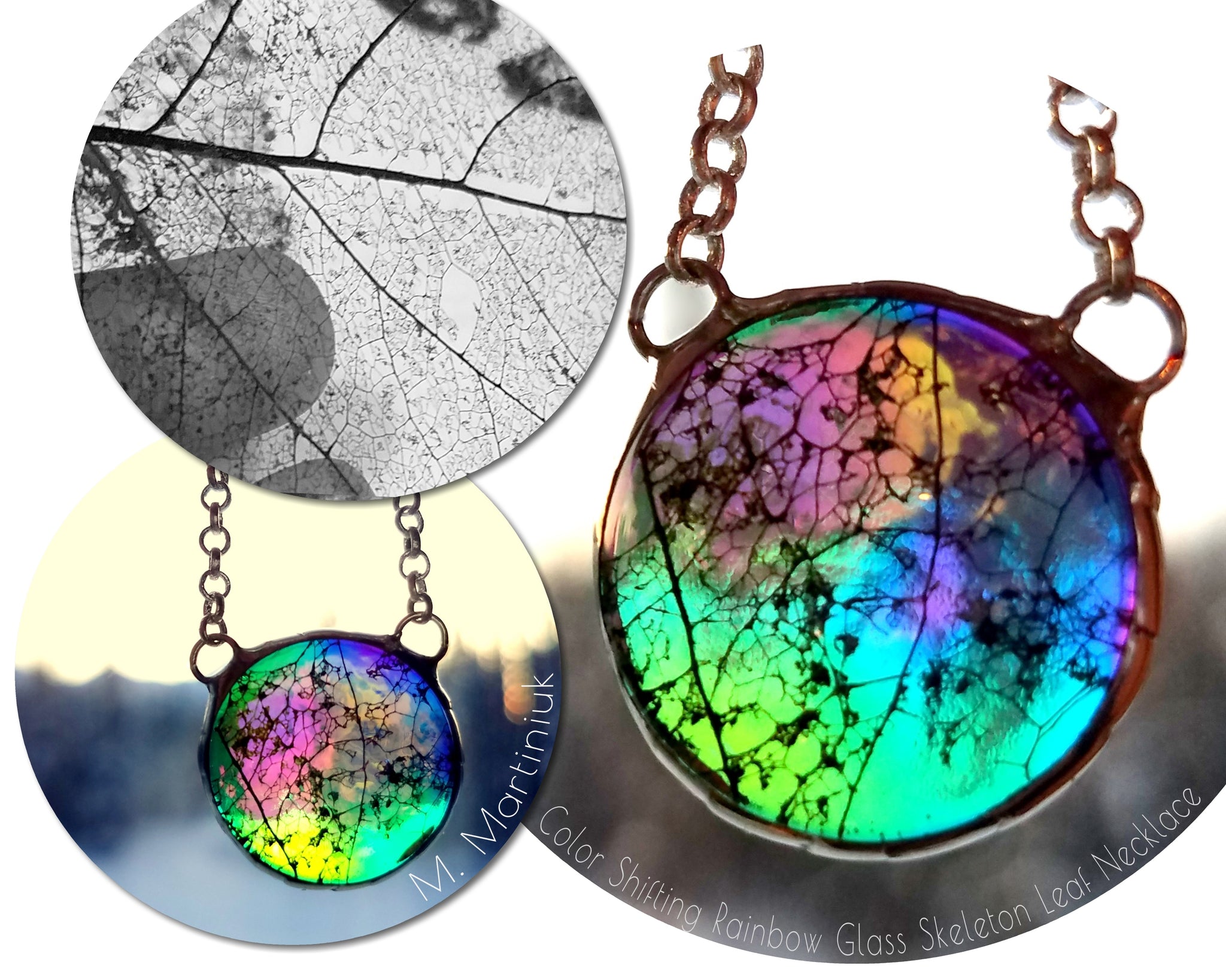 Color Shifting Rainbow Glass Pendant Leaf in Silver