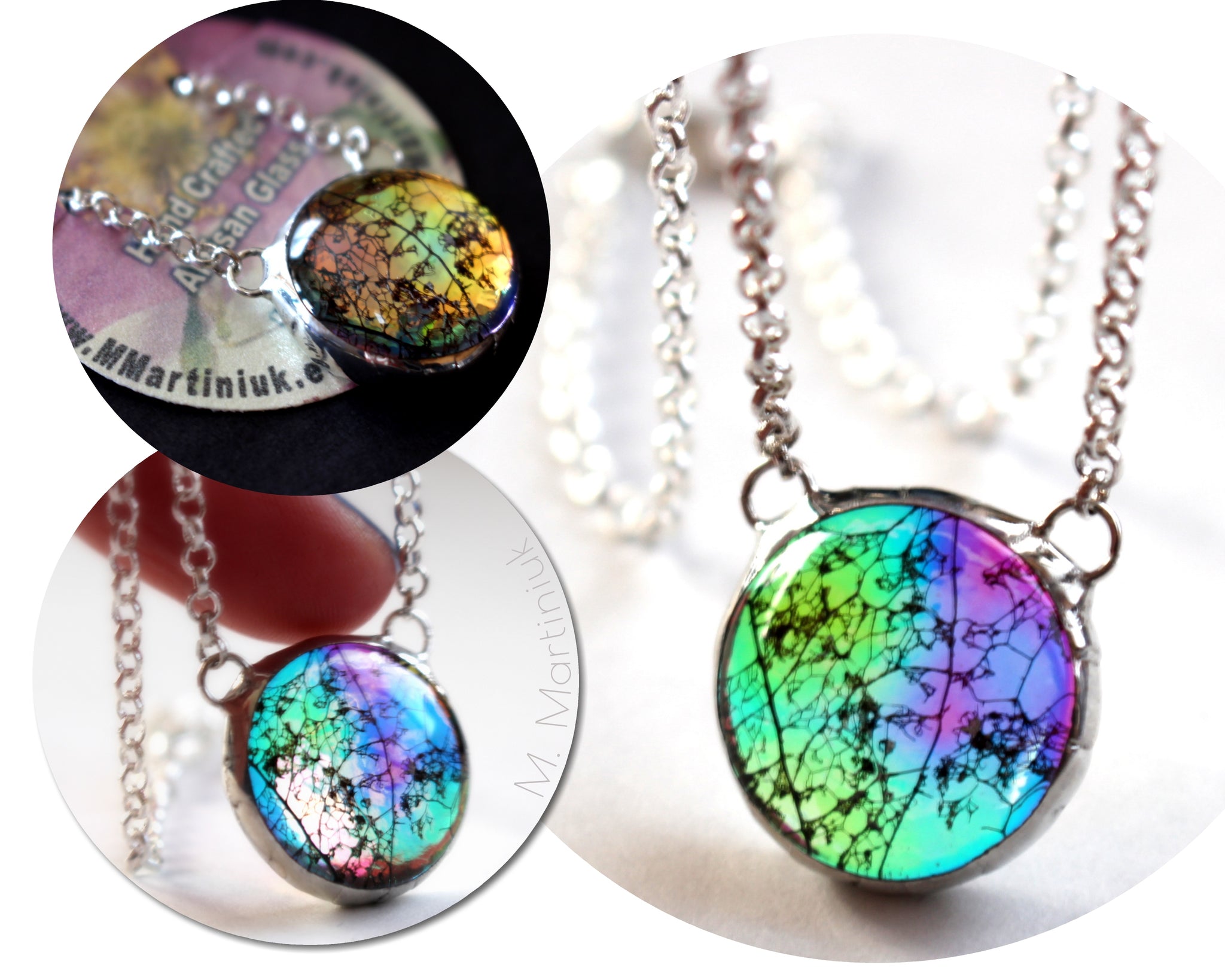 Color Shifting Rainbow Glass Pendant Leaf in Silver