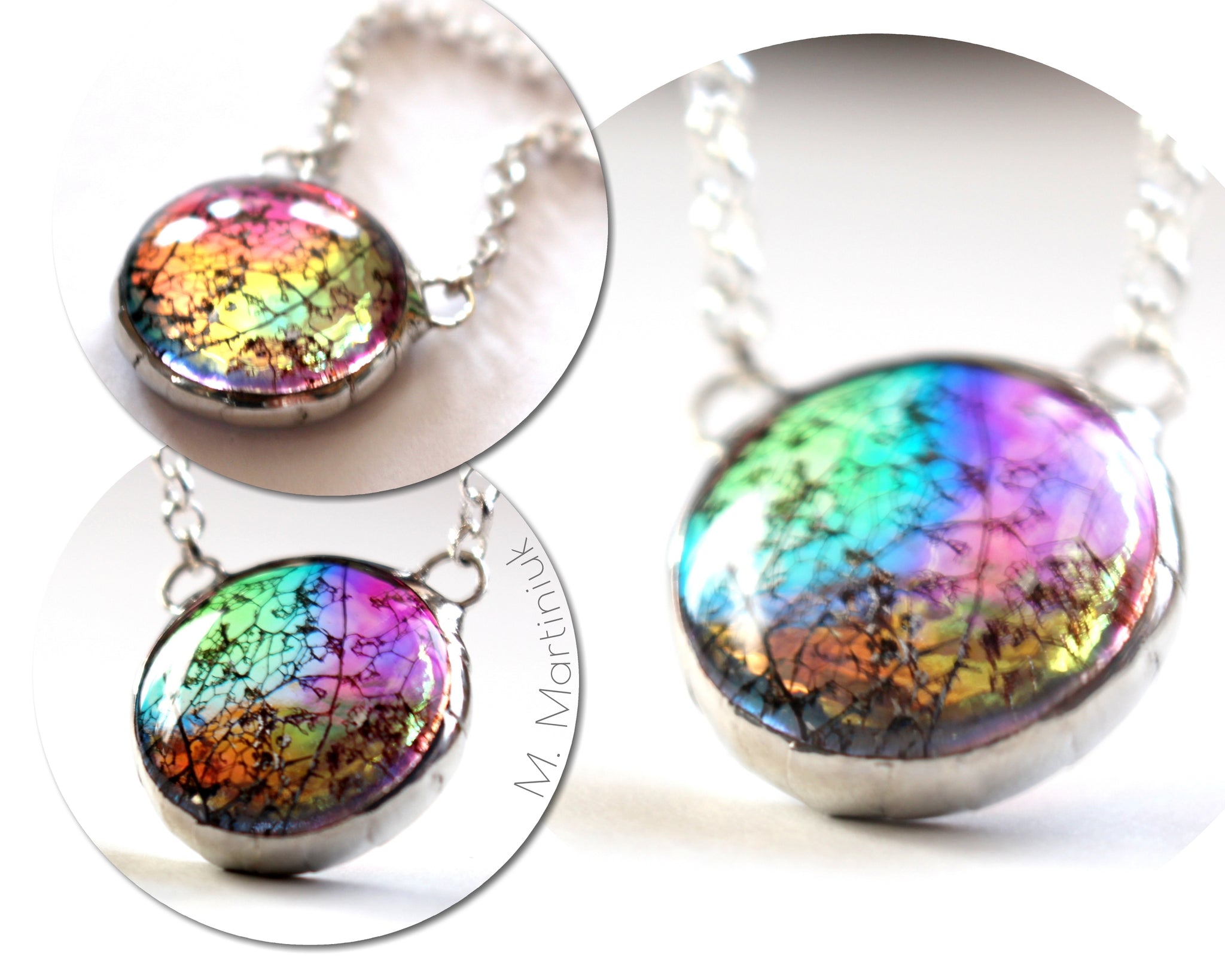 Color Shifting Rainbow Glass Pendant Leaf in Silver