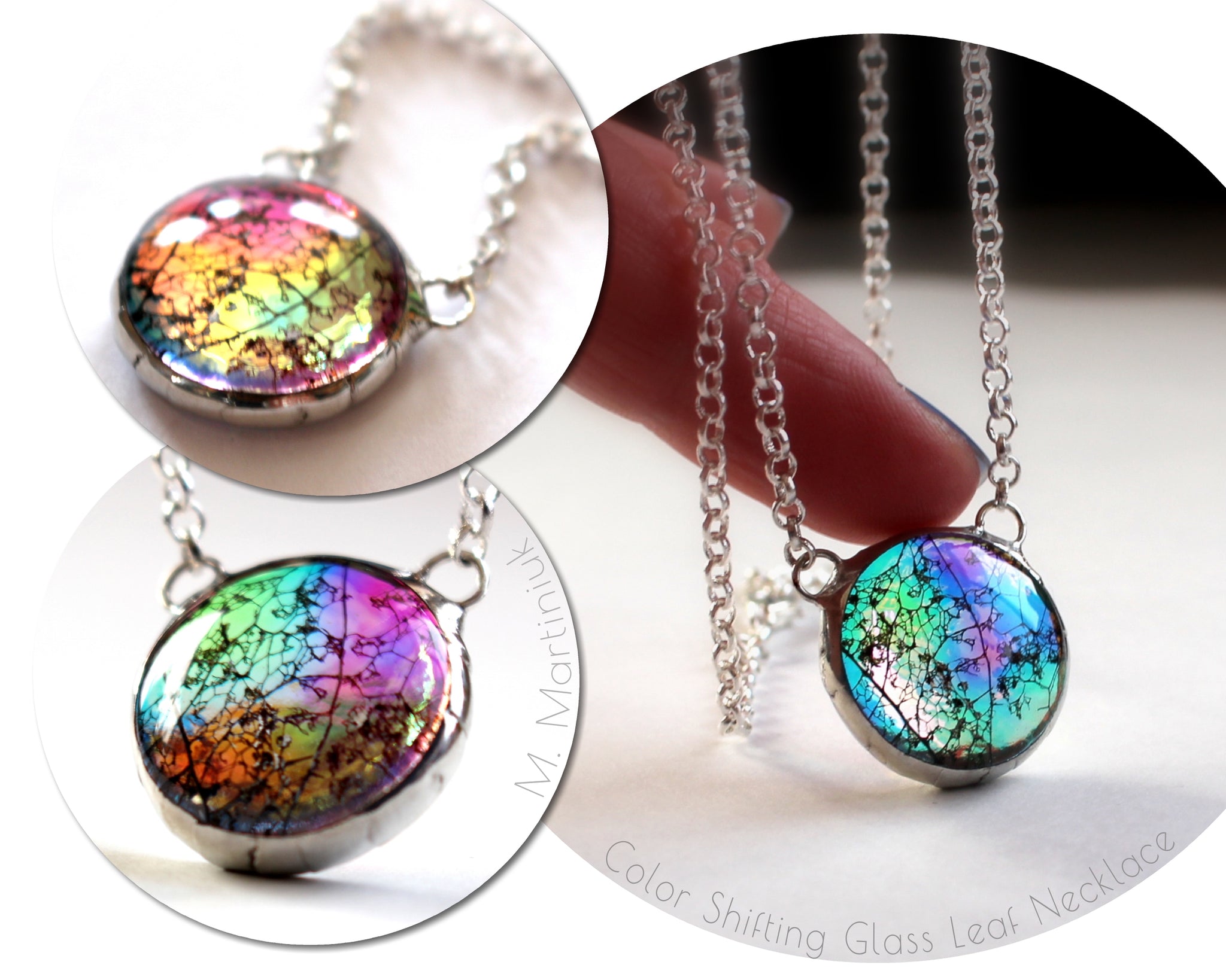 Color Shifting Rainbow Glass Pendant Leaf in Silver