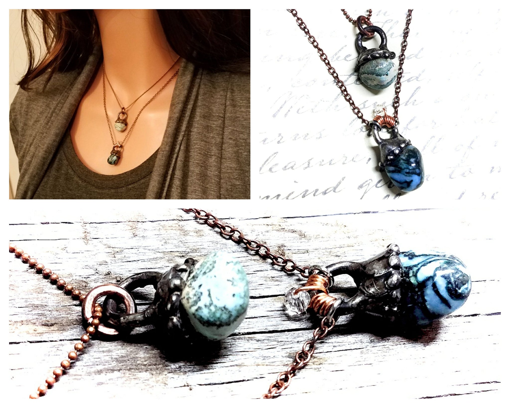 Boho Blue Lace Agate Necklace Layering Choker in Small Chunky Copper