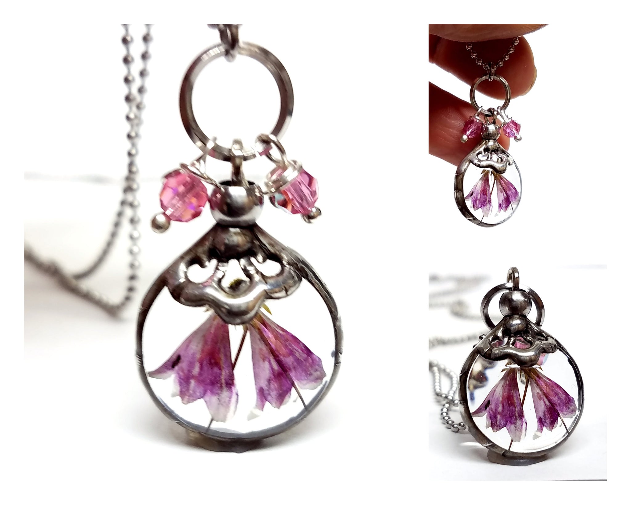 Pressed Twin Flower Pendant for Sisters