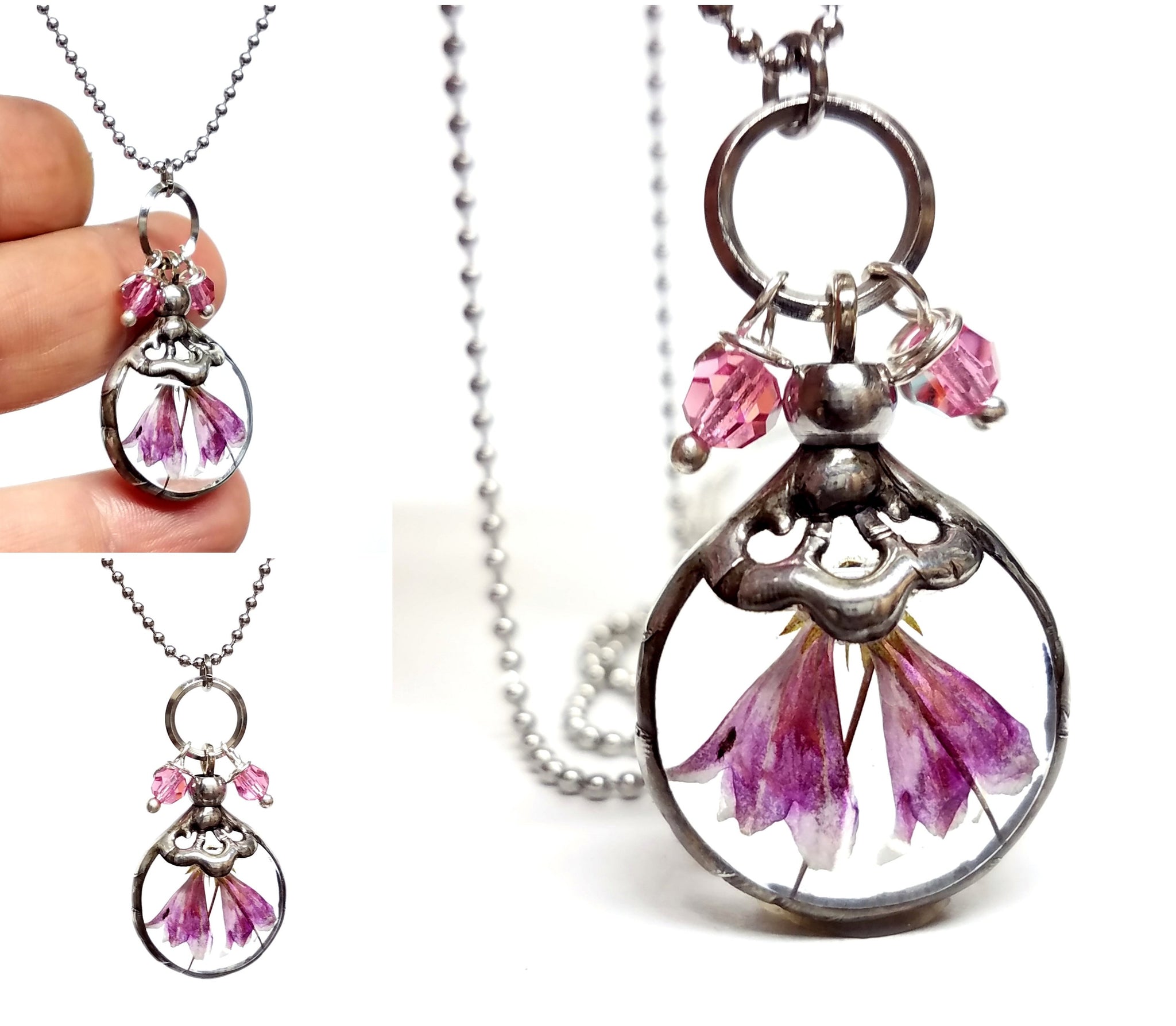 Pressed Twin Flower Pendant for Sisters