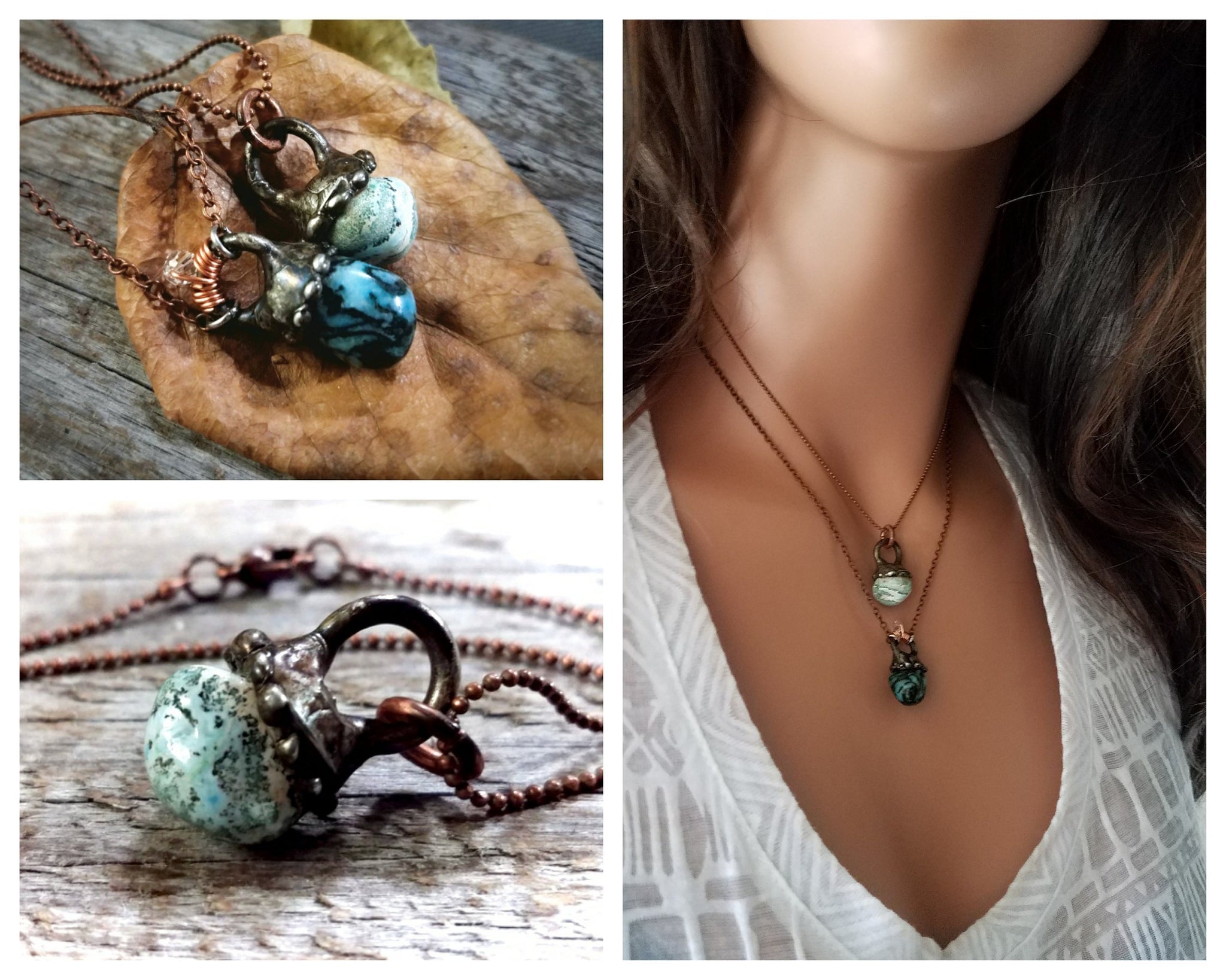 Boho Blue Lace Agate Necklace Layering Choker in Small Chunky Copper