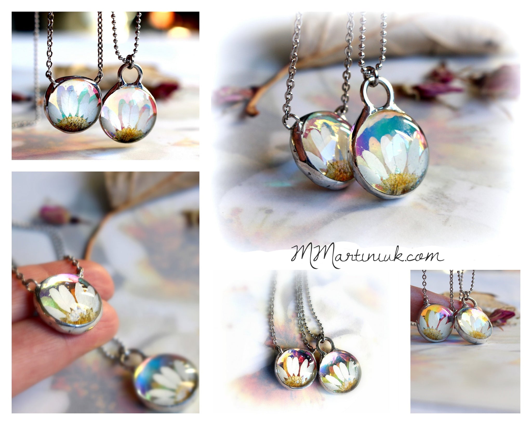 White Daisy Necklace Floral Glass Botanical Jewelry