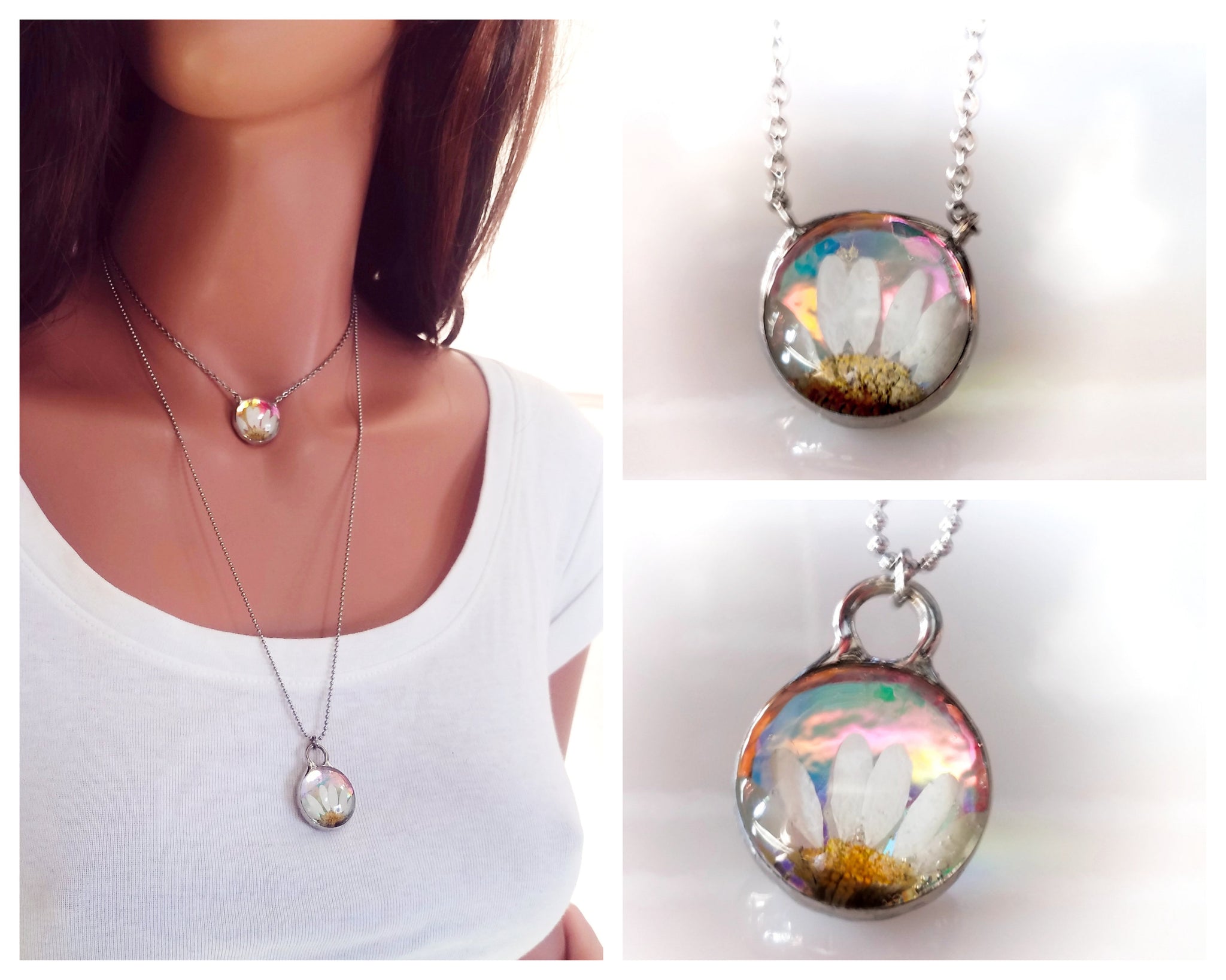 White Daisy Necklace Floral Glass Botanical Jewelry