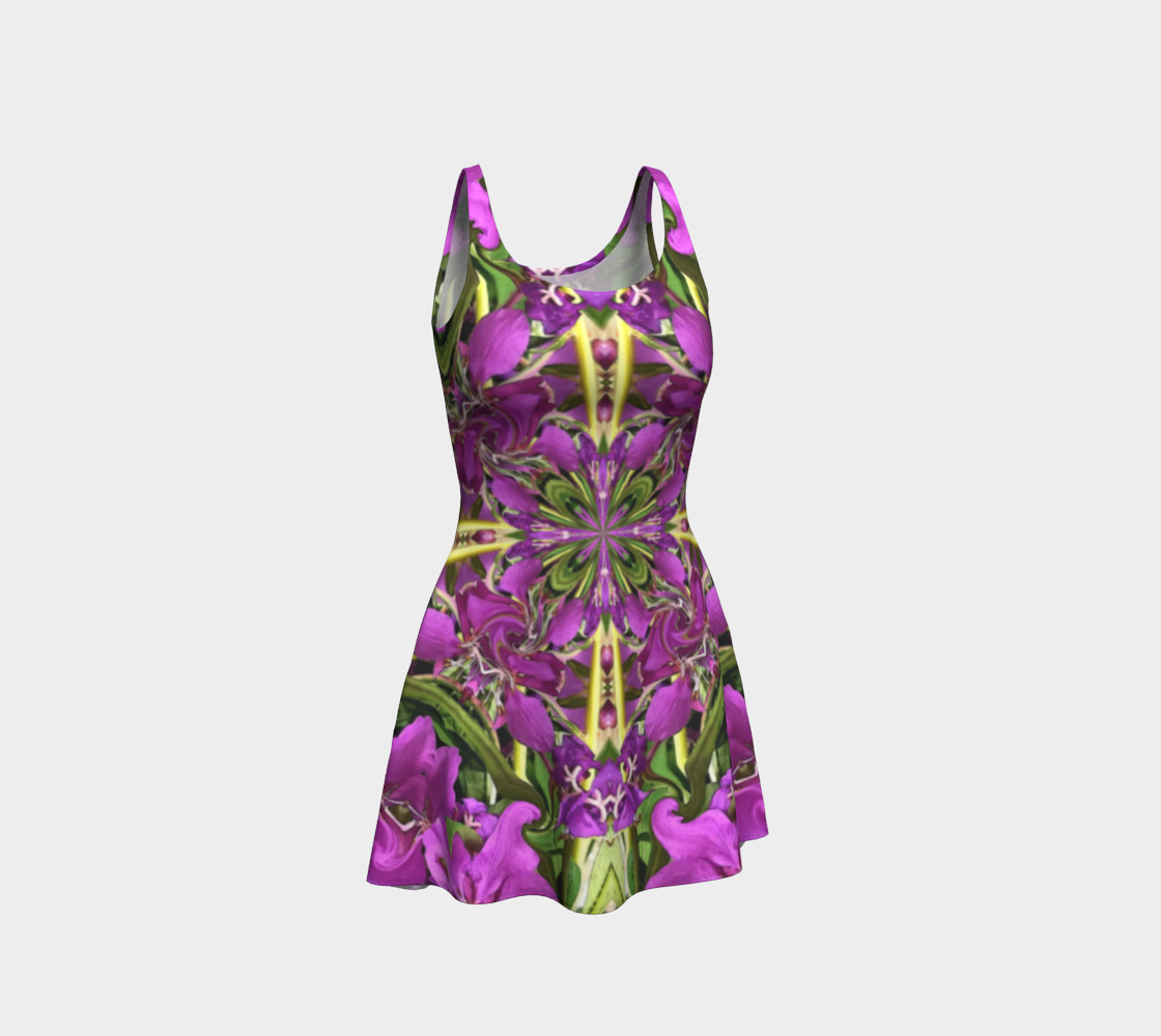 Short flared dress in vivid colored fireweed wildflower mandala print