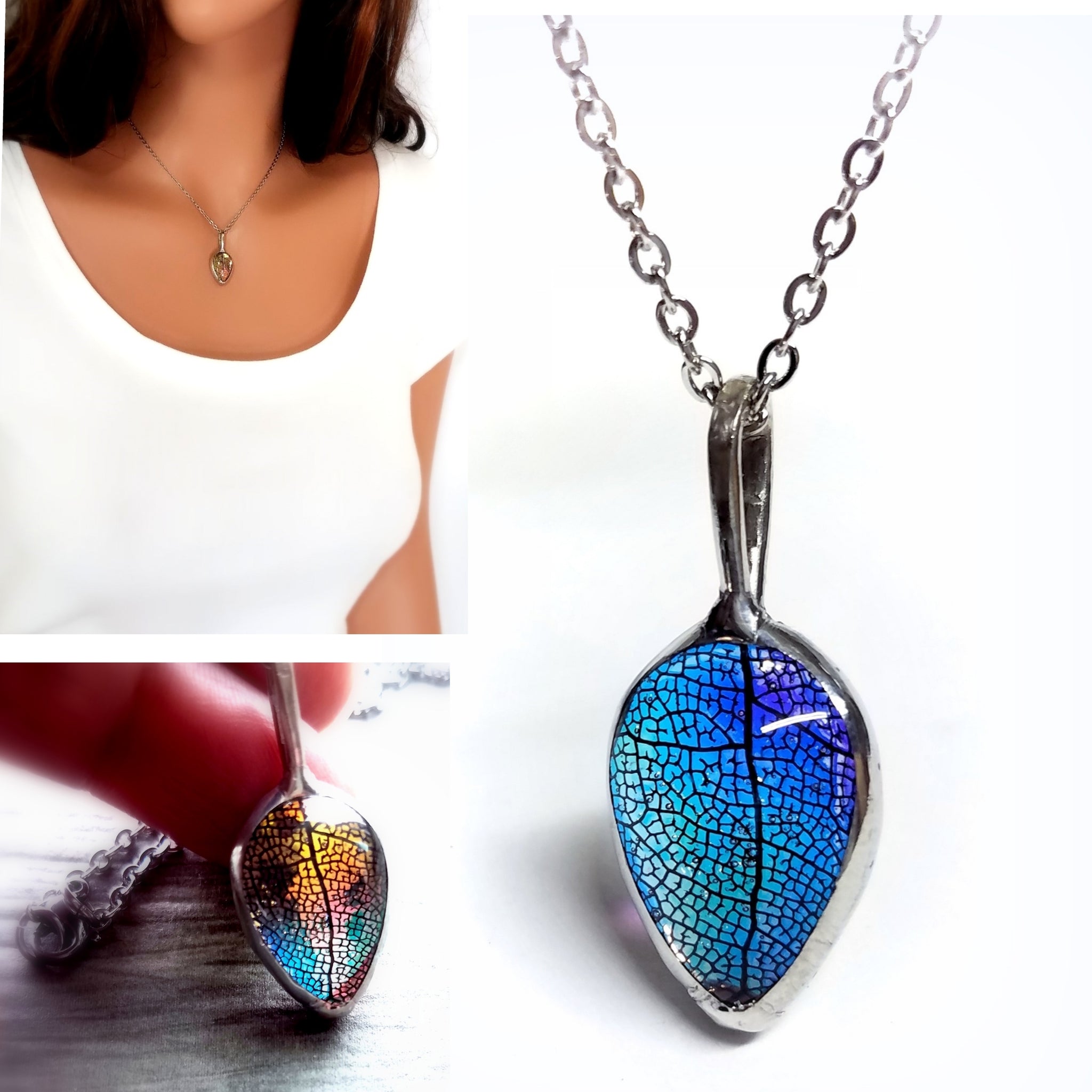 Simple Real Leaf Necklace in Rainbow Glass