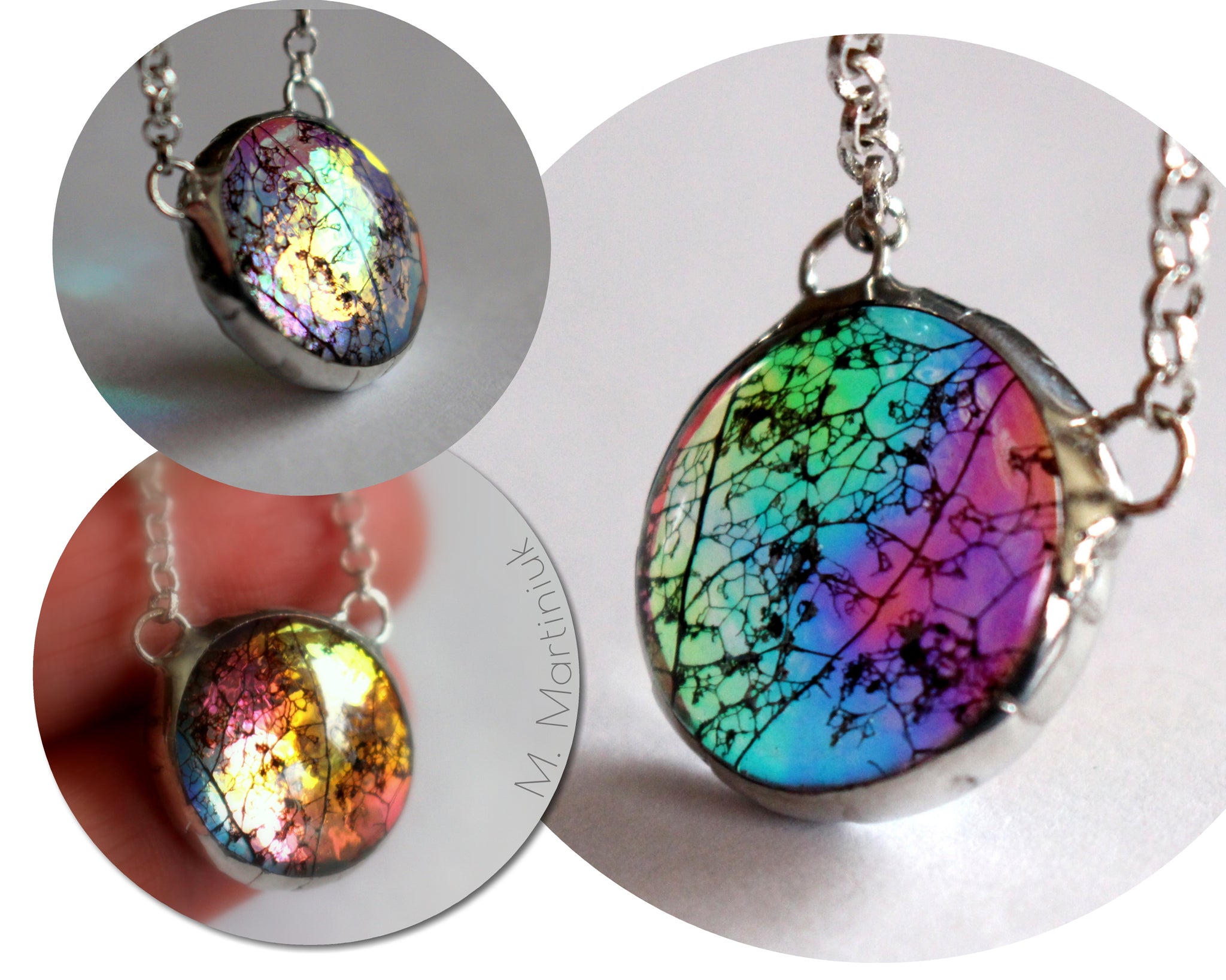 Color Shifting Rainbow Glass Pendant Leaf in Silver
