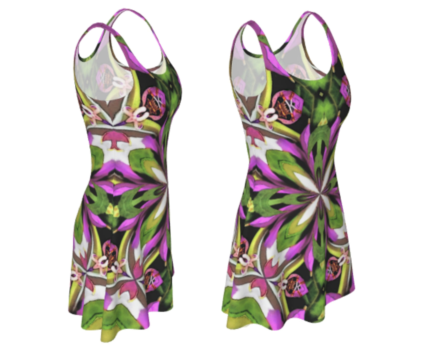 Flared short dress in brightly colored fractal print for costume or everyday