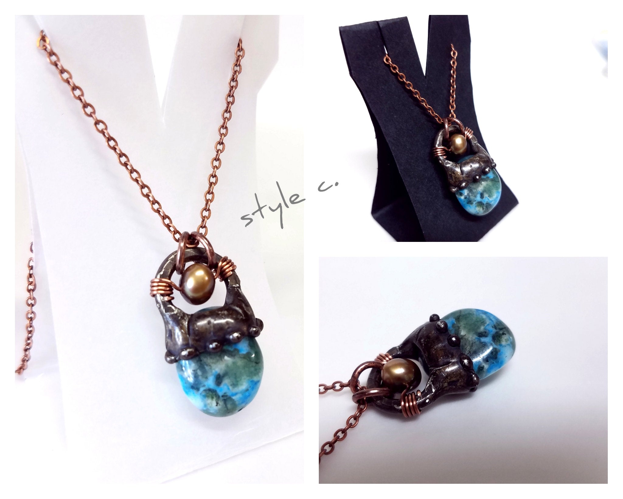 Boho Blue Lace Agate Necklace Layering Choker in Small Chunky Copper