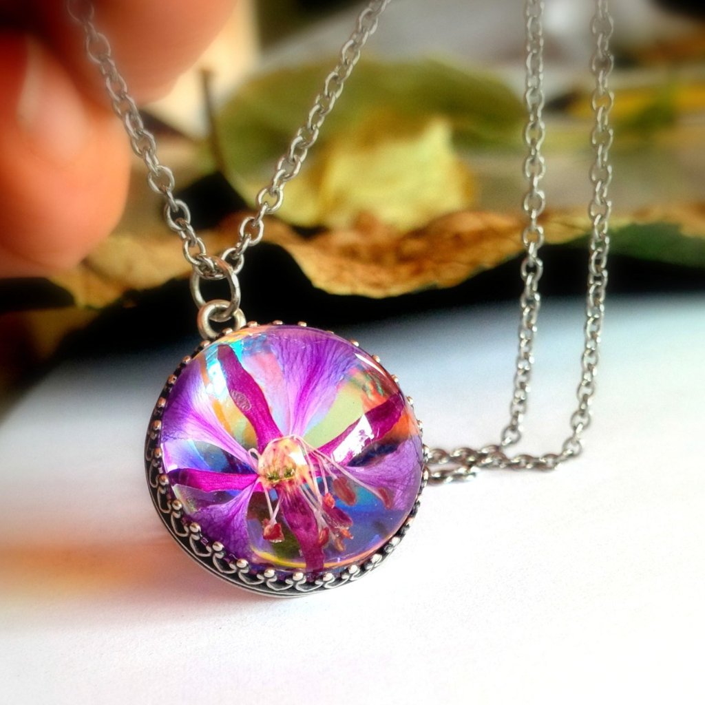 Fireweed Hippie Necklace Pressed Flower Jewelry
